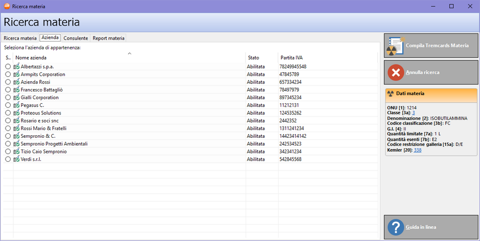 La finestra di ricerca materia, scheda "Azienda"
