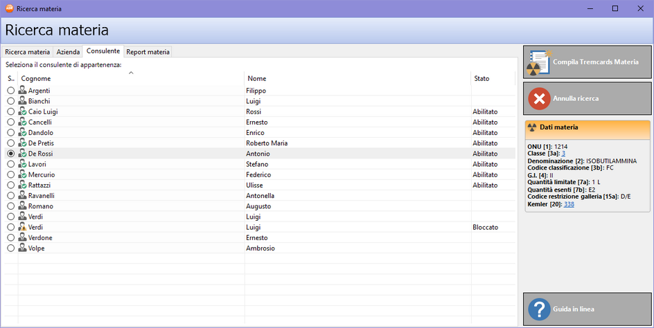 La finestra di ricerca materia, scheda "Consulente" La finestra di ricerca materia, scheda "Consulente"
