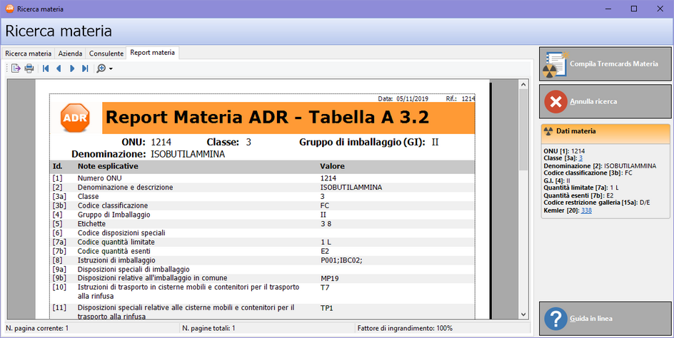La finestra di ricerca materia, scheda "Report materia"
