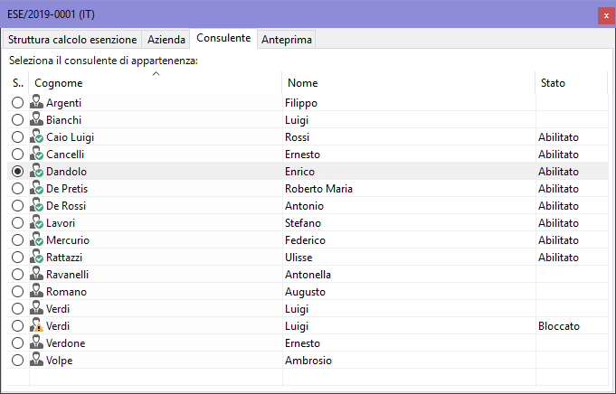 Finestra di documento di un calcolo esenzione, scheda "Consulente"