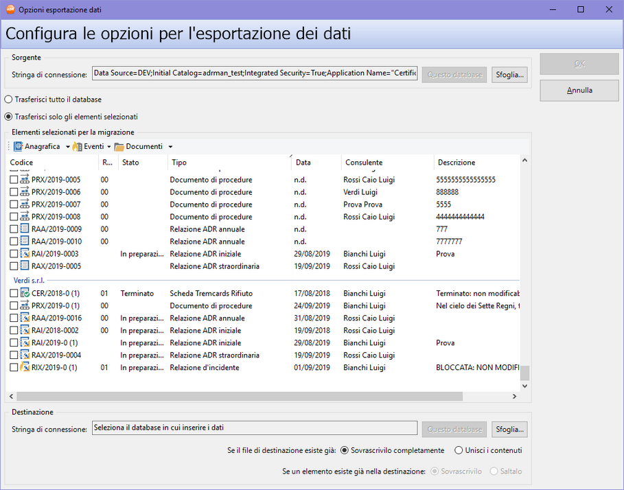 Finestra di esportazione