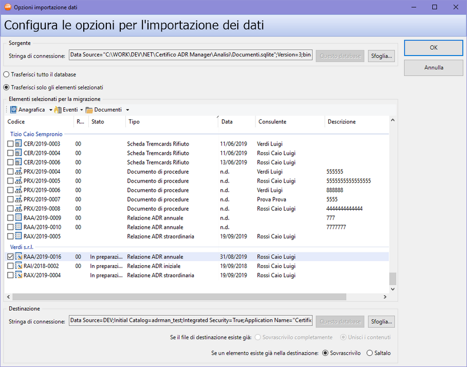 Finestra di importazione